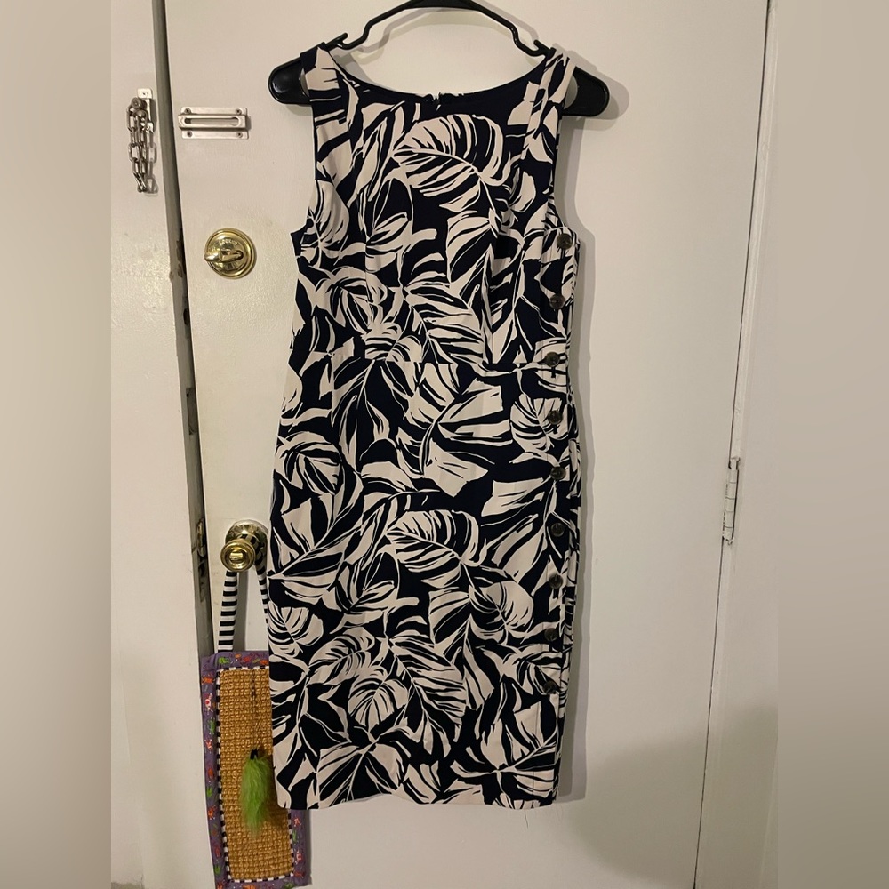 Ann Taylor Tropical Navy Palm Leaf Midi Dress